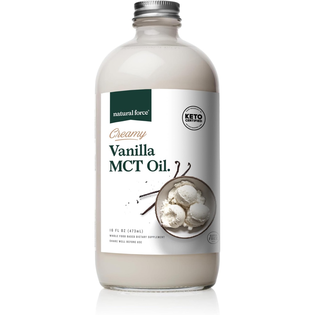 Natural Force Creamy Vanilla MCT Ulei de măsline, Keto Certified, MCT emulsionate pentru Low-Carb, cafea ketogenic, Smoothies, & Shakes - Mixes Instantly + No Blending Necesar 