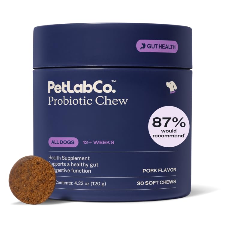 PetLab Co. Probiotice pentru câini, Suport Sanatate Gut, Diaree ocazionala, Digestive Health & Alergii sezoniere - Pork Flavor - 30 Chews moale - ambalare mai Vary