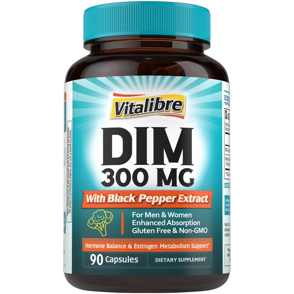 Suplimentul DIM pentru femei şi bărbaţi, Metabolism estrogen, Echilibru hormonal şi suport menopauză, DIM 300 mg cu extract de piper negru, absorbţie ridicată, 90 capsule
