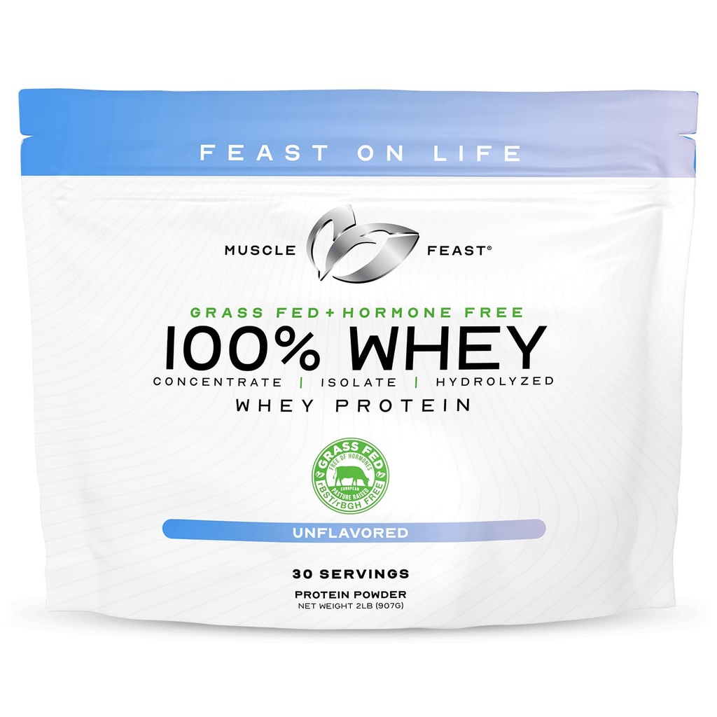 Muscle Feast 100% Grass Fed Whey Pulbere de proteine, Toate naturale Hormon gratuit Paure Crescut whey pulbere de proteine pentru femei si barbati-Whey concentrat, Izolat si hidrolizat pulbere de proteine Blend- Nearomat, 2lb