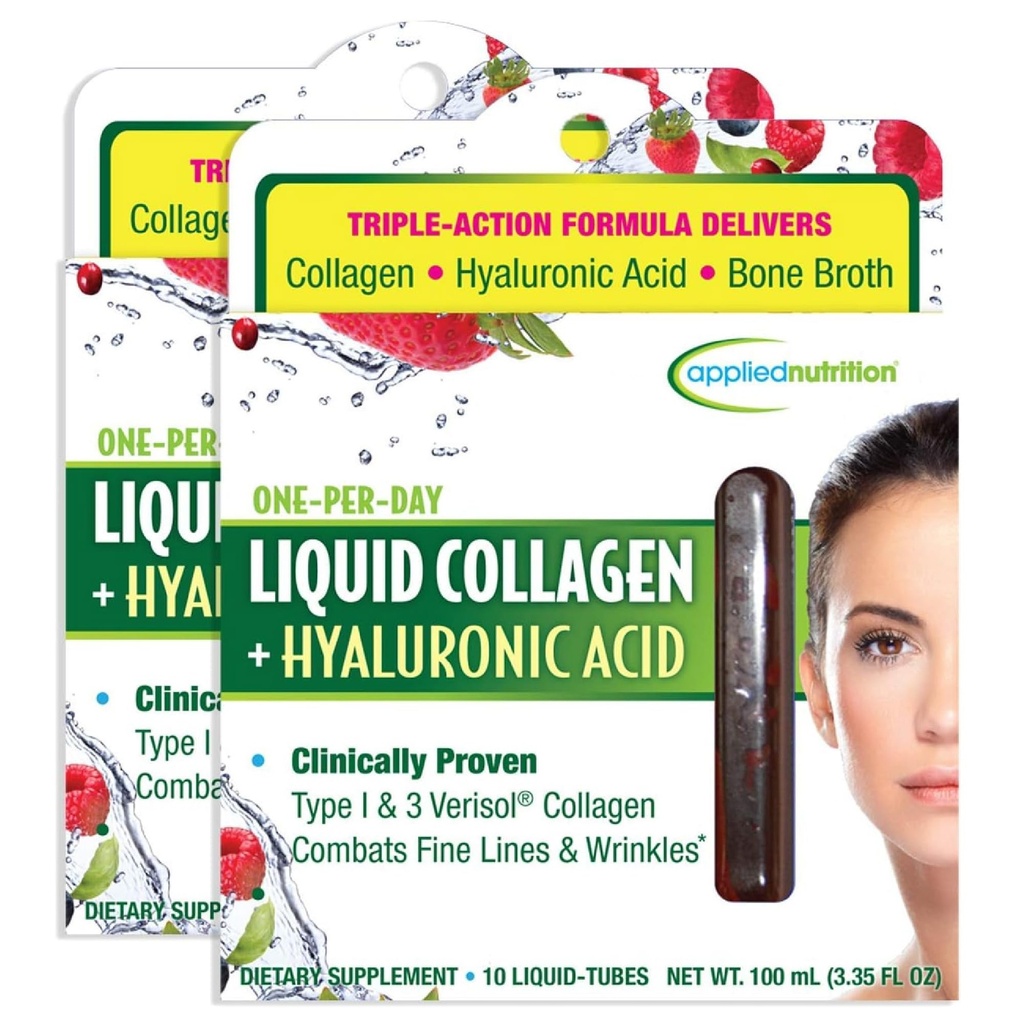 Nutritie aplicata Colagen lichid + Acid hialuronic - 10 tuburi lichide, pachet de 2 - Piele si unghii - Aroma mixta Berry - 20 Serviri
