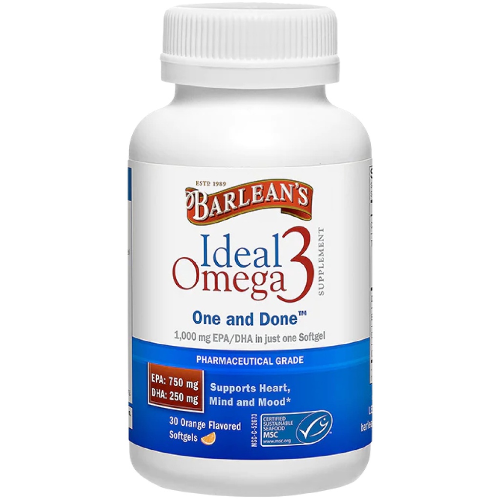 Barlean Ideal Omega 3 Supliment nutritional Softgels cu 1000 mg EPA / DHA pentru inima, minte, și Mood - Certified Sustainable Seafood, grad farmaceutice - 30-conte