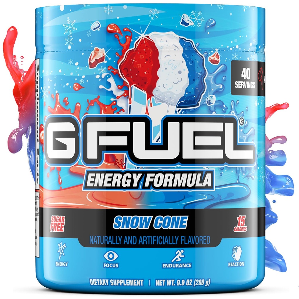 G Fuel Snow Cone Energetic Drink Powder, Pre Workout Caffeine Mix pentru Gaming, Sugar Free Focus Amino, Vitamina + Antioxidanti, 9,9oz (Snow Cone, 40 Servings)