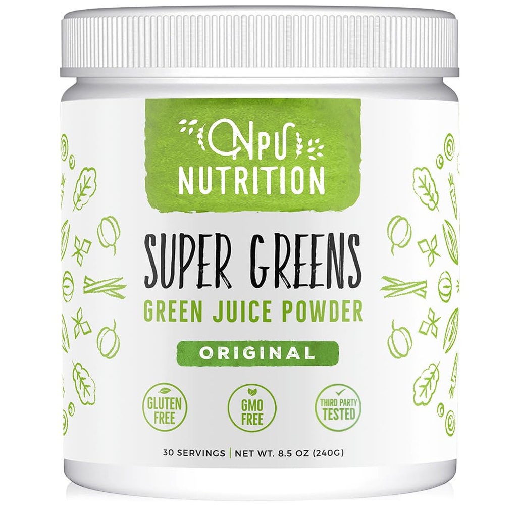 Super Greens Powder Organic Blend: non-GMO Supliment, Include Spirulina, Alfalfa, Spanac, Probiotice, Enzime Fibra și Digestive, Fără îndulcitori artificiali, 30 Serviri