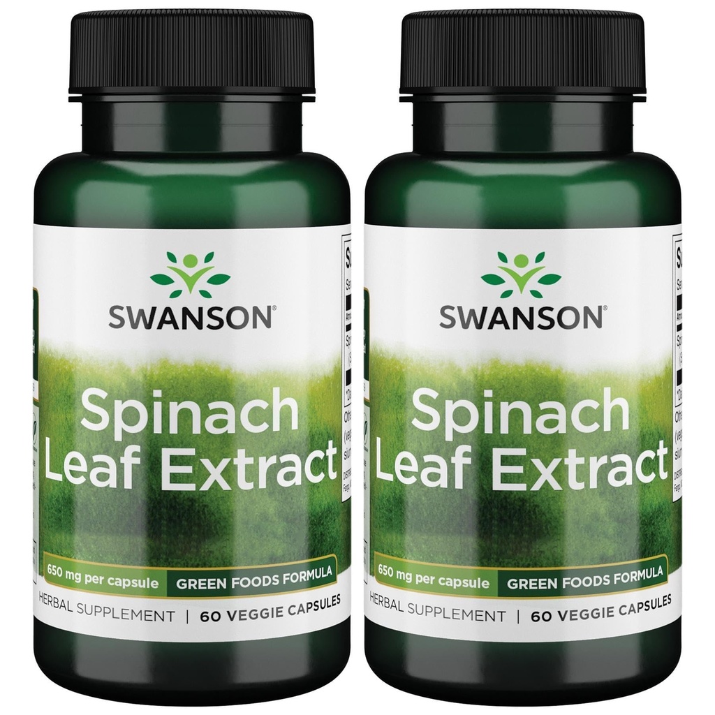 Swanson Spanac Leaf Extract - Supliment vegetal Promovarea sănătății globale - Green Foods Formula w/Beneficial Thylakods & Clorofill - (60 Veggie capsule, 650mg fiecare) (2 ambalaj)