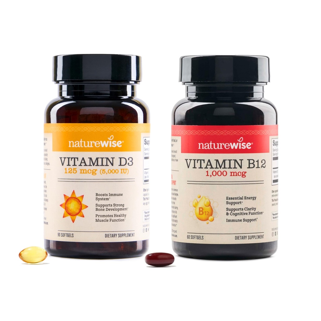 NatureWise Vitamina D3 5000iu, B12 1000mcg Clarity Mental Energy Support Immune Health Non-GMO Gluten Free Olive Oil Softgels