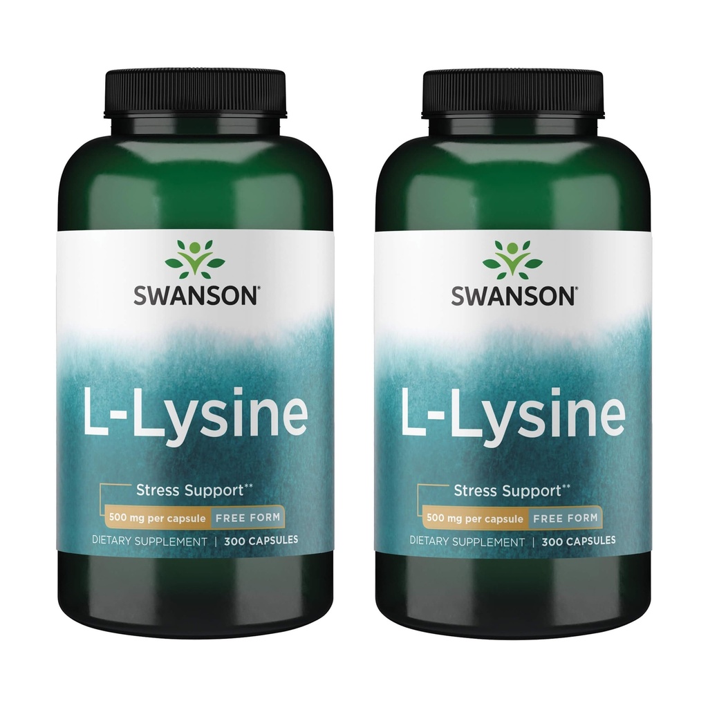 Swanson Free Form L-Lysine - Natural Supplement Promoving Stressse Support & Nervos System Health - May Promove Calm Mood & Relaxation - (300 Capsule, 500mg Fiecare) 2 Pack