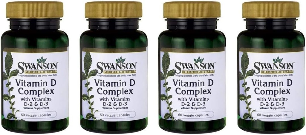 Swanson Vitamina D Complex cu vitamine D2 & D3 - Complex complet de vitamine Sunshine pentru Bone, Dental & Imune Health - Suplimentul de vitamine (50 mcg, 60 capsule vegetale) 4 Pachet