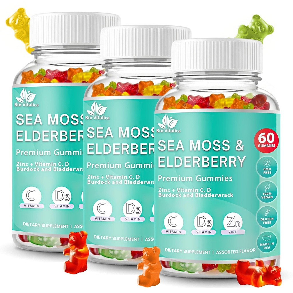 BIO VITALICA Sea Moss Gummies Elderberry BioVitalica - Vitamina C D + Zinc - Seamos irlandez Vegan Gummy cu Sea Moss Gel & Powder pentru Imunitate, Detox - pentru adulți și copii (3Packs)