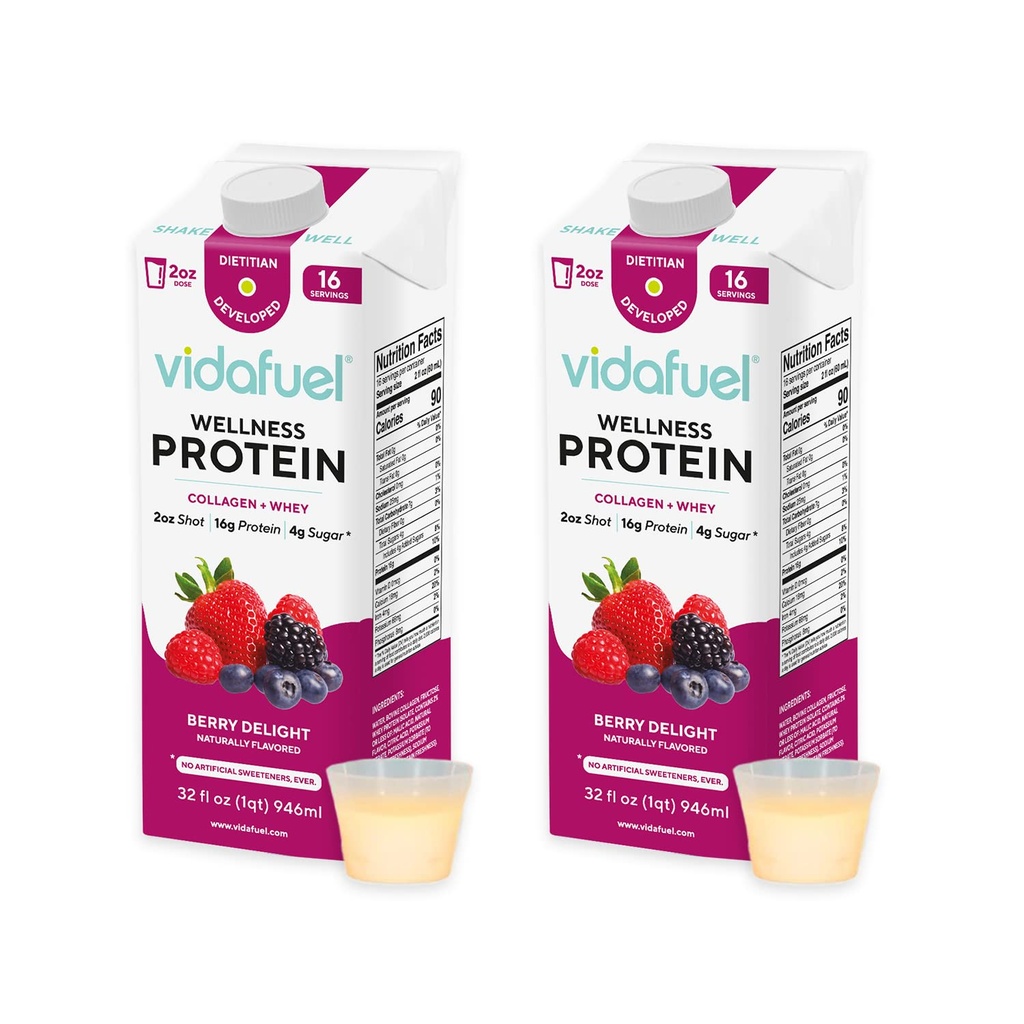 Vidafuel Wellness Proteine Drink, 16g Proteine per 2oz Shot, 32 fl oz Cutie, 2 Pack, Berry, Colagen și Whey băutură, Fără îndulcitori artificiale