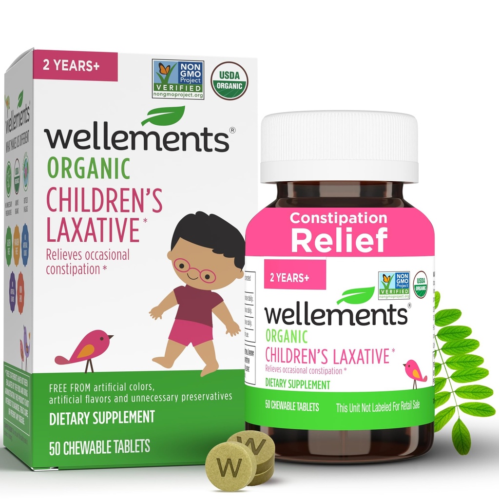 Wellements Organic Laxative pentru copii pentru constipație (50 comprimate masticabile) 
