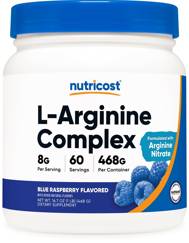 Nutricost L-Arginină Complex (Zmeură albastră, 60 Serviri) - Gluten gratuit, non-GMO