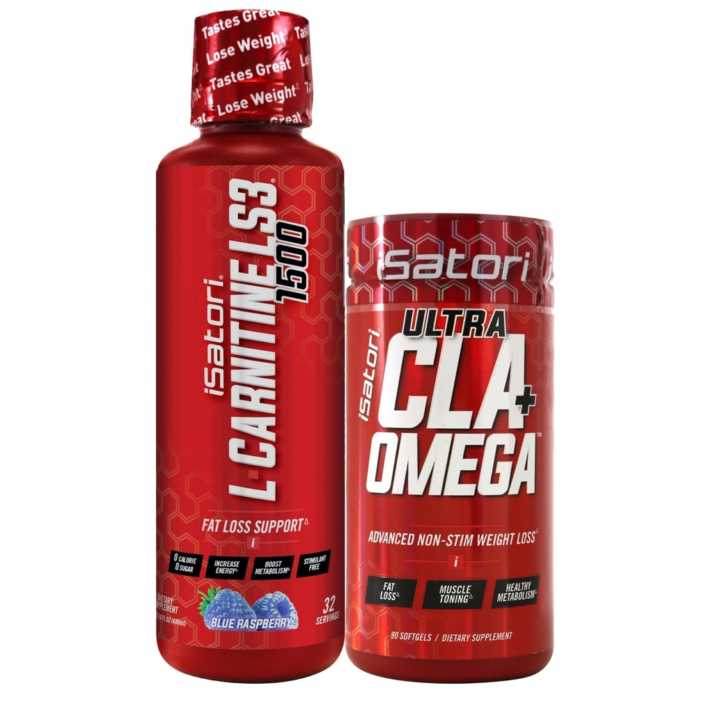 iSatori L-Carnitine LS3 Blue Raspberry 1500mg (32 Servings) Ultra CLA (90 Softgels), lichid L-Carnitina cu acetil, Omega 3 6 9 Saffflower Oil