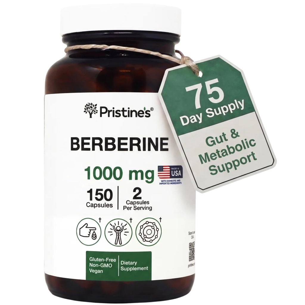 Capsulele suplimentare Berberine ale PRISTINE - 1000 MG 75 Day Supply 150 Capsule - Inimă, şi Imunitate Suport pentru sănătate Antioxidant - Digestive Tract & Healthy Gut Flora Support