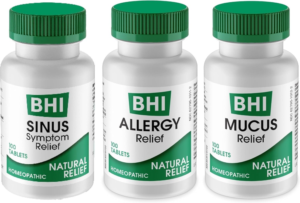 MediNatura BHI Multi Symptom Flare-Up Defense Bundle Sinus Relief Tablets (100) Mucus Relief Tablets (100) + Allergy Relief Tablets (100) Homeopathic Relief - Fast-Acting, Quick-Dissolve
