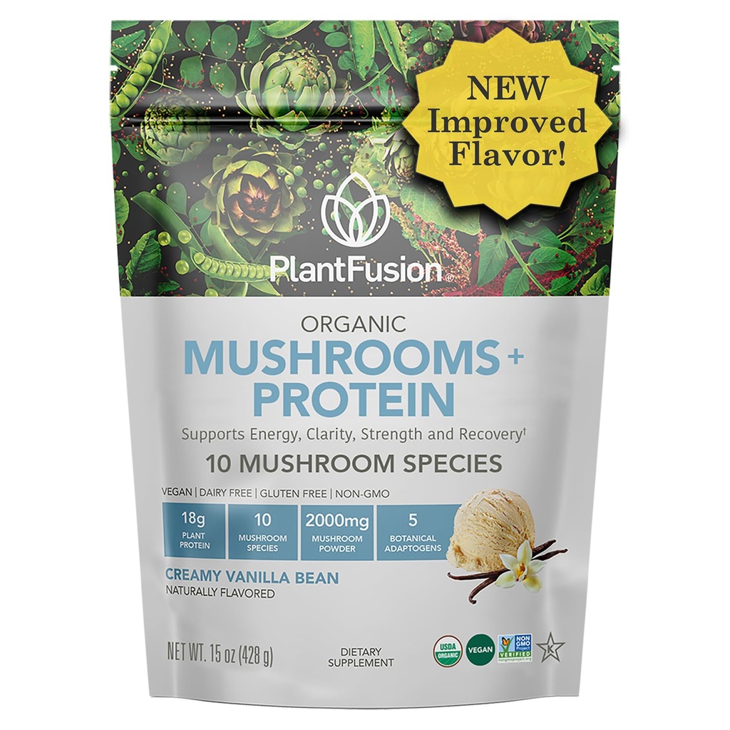 Fuziune de plante praf de proteine ciuperci - 3 în 1 Vegan pulbere de proteine, supliment ciuperci, și Adaptogen supliment - Suport Concentrare mentală, Imunitate, și recuperare - Vanilla 1lb