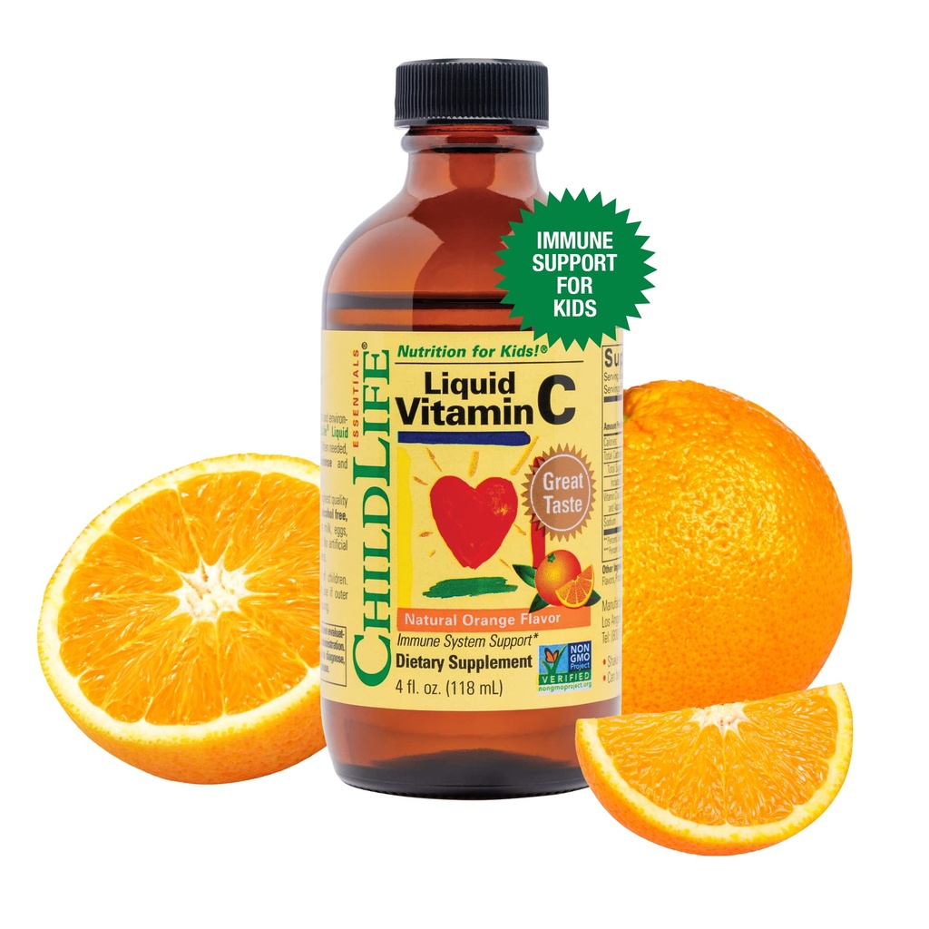 CHILDLIFE ESENȚIALE Vitamina lichid C - supliment lichid pur vitamina C pentru copii, copii mici, & Bebeluși, suport sistem imunitar, aroma portocaliu natural, 4 Fl Oz (Pachetul de 1)