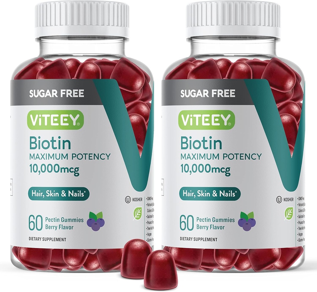 Gume Biotin Viteey pentru păr, piele, și unghii 10.000mcg - Zahăr gratuit - Gume de creștere a părului, Skin Healthy luminos, puternic de creștere a unghiilor sănătoase - Vegan, gluten gratuit, Gelatină gratuit- gustos aroma Berry
