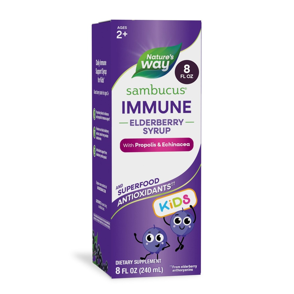 Natura's Way Sambucus Elderberry Immune Syrup for Kids Ages 2+, with Echinacea & Propolis, Immune Support Syrup*, Vegetarian, Berry Flavored, 8 Fl Oz
