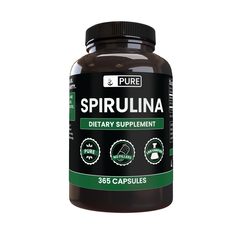 Ingrediente originale pure Spirulina (365 capsule) No Magneziu sau Rice Fillers, întotdeauna pură, Lab verificat