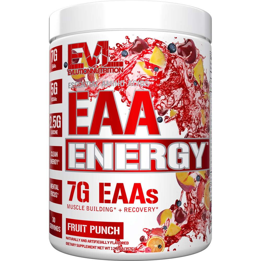Evlution Nutrition EAA Energy - Pre & Post Workout Powder - Muscle Building & Recovery Supplement - 7g Aminoacidi esențiali + 5g BCAAs - Energie curată - cu cofeină - 30 Serviri - Punch de fructe