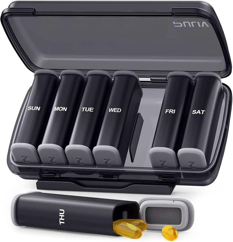 PULIV Organizator de pastile săptămânal de 2 ori pe zi cu Dual Damp-Proof Design, Black AM PM Pilula cutie 7 zile pentru protecția confidențialității, caz de pastile pentru vitamine, medicamente, uleiuri de pește, suplimente