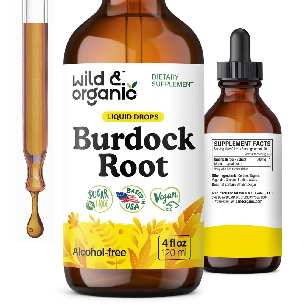Tencuială rădăcină de budock sălbatic și organic - Supliment lichid pentru antioxidant, detoxifiere, suport digestiv - Budock rădăcină de plante picături - Vegan, zahăr și alcool-free - 4 fl oz