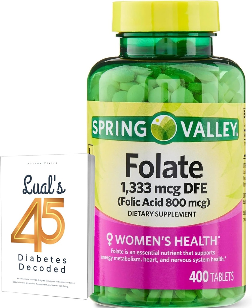 Folate 1,333 mcg. Spring Valley Folate Supliment alimentar, 1,333 mcg DFE, 400 Conte, Folate Supliment pentru femei Sarcina, Acid folic 800 Bundle cu 45 Diabet zaharat Luall decodat