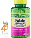 Folate 1,333 mcg. Spring Valley Folate Supliment alimentar, 1,333 mcg DFE, 400 Conte, Folate Supliment pentru femei Sarcina, Acid folic 800 Bundle cu 45 Diabet zaharat Luall decodat