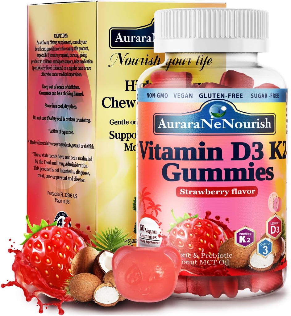 D3 K2 Vitamină 10000 UI, Vitamină fără zahăr D3 K2 Gummies w. Pro & Pre, Vitamină masticabilă D3 și K2 (MK-7) Suplimente pentru oase, dinți, imune, inimă & Digest Health, Urticarie de calciu și de calciu