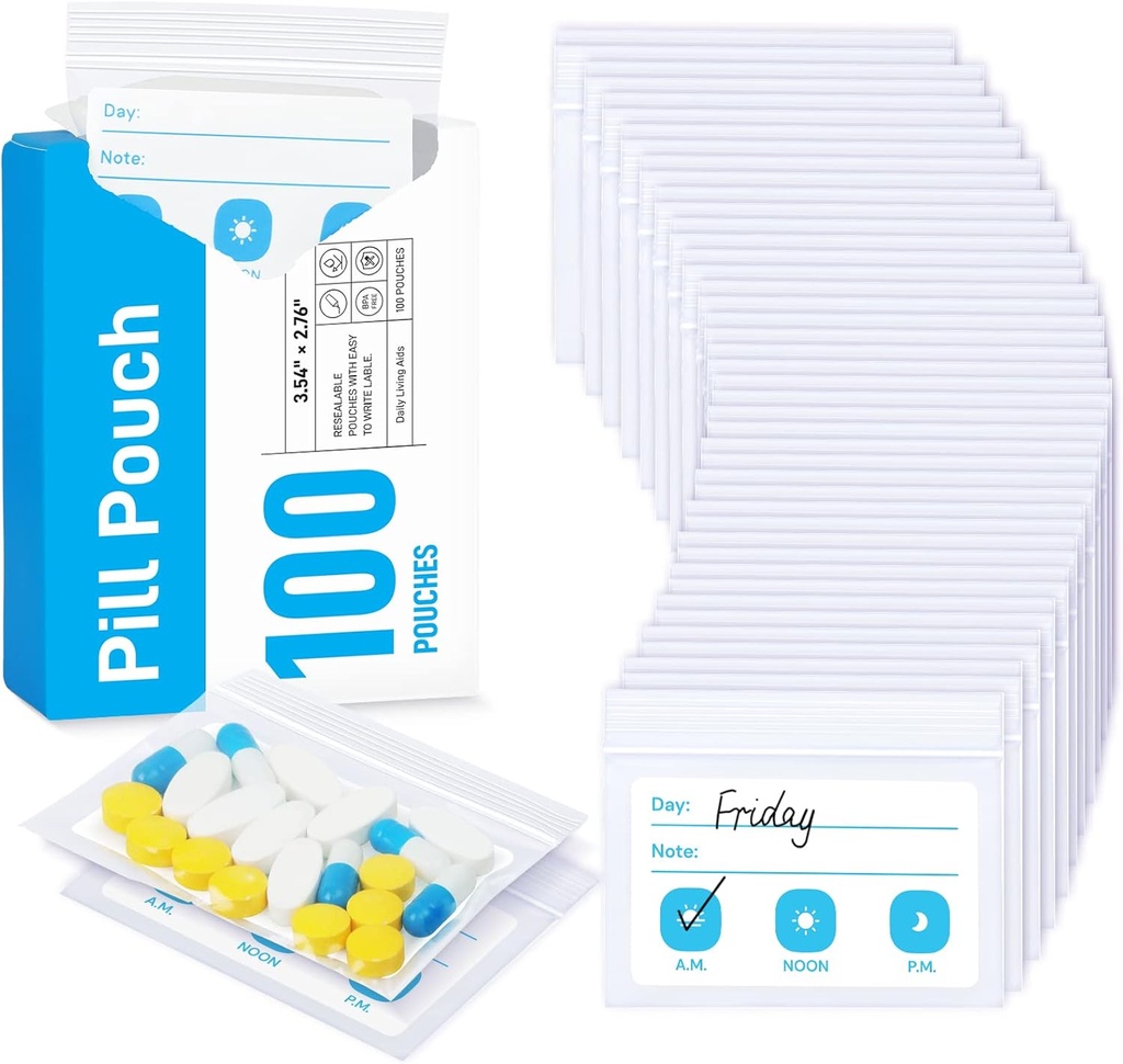 Zikee Pill Bags for Travel, Reusable Pill Poches BPA Free 2.75" x 3.54," Daily Medicine Bags with XL Capacity for 24 Fish Oils, Vitamin Organizator with Customizable Write-on Area (100 Count)