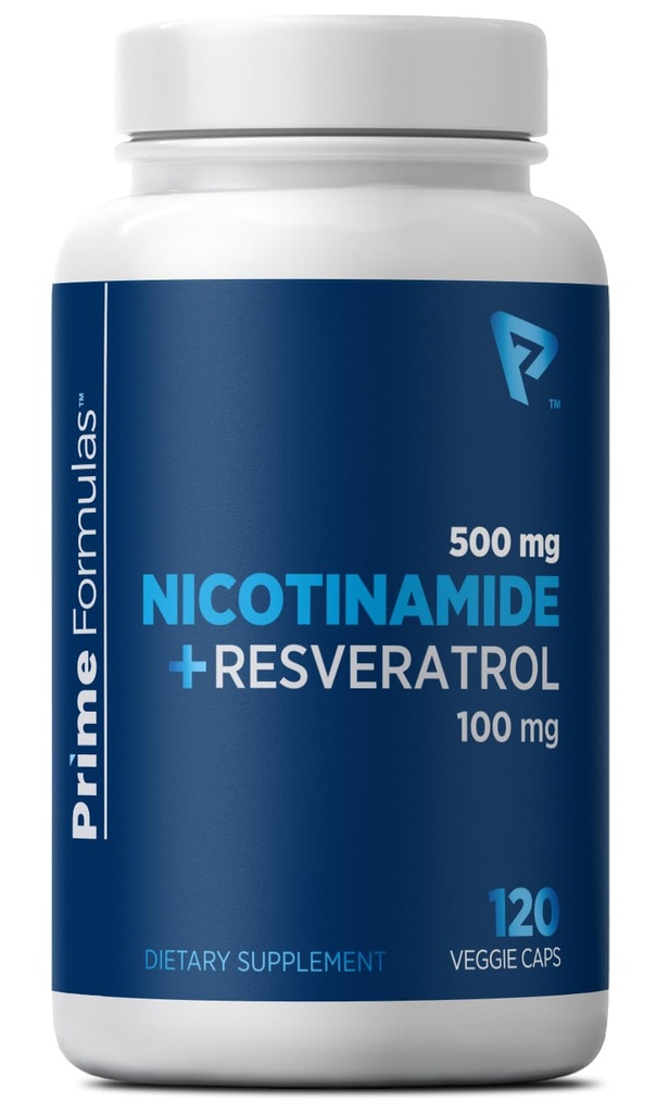 Nicotinamida 500 mg cu Resveratrol 100 mg 120 Capsule vegetale - non-GMO Vitamina B3, susţine sănătatea metabolică, NAD+, producţia de celule cutanate şi de energie mitocondrială. Made in USA for Men and Women