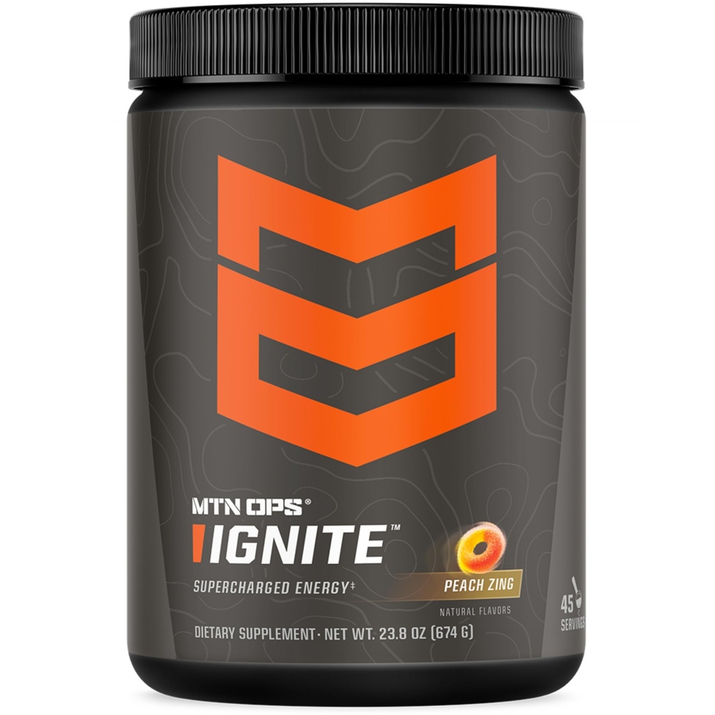 MTN OPS Ignite Energy Drink Powder, Gluten Free Nootropic Supplement Drink Mix, L Arginine, L Citruline, Cafeina & Nootropic Sugar Free Drink Mix, 45 Servings, Peach Zing