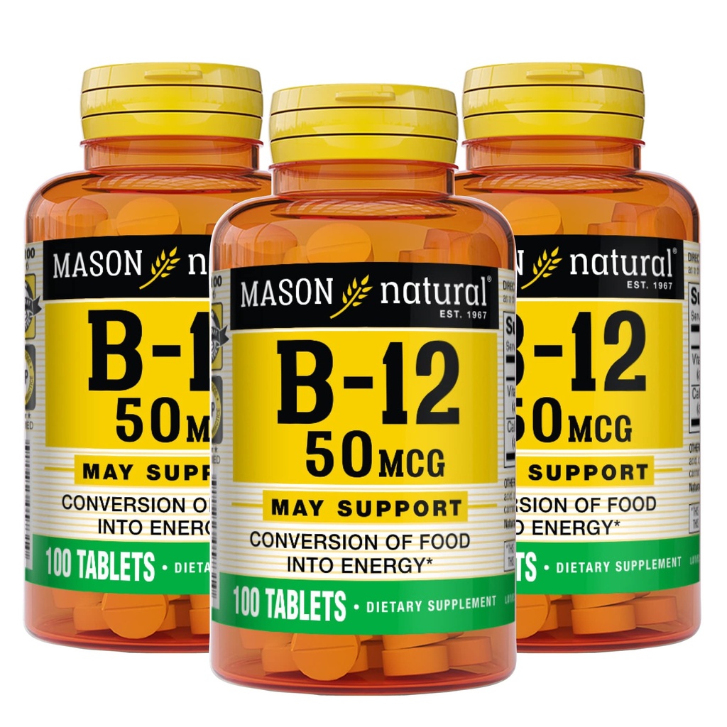 Mason Natural Vitamina B12 50 mcg cu calciu, 300,Day Suppliment, Dieta pentru a sprijini nivelurile de energie naturală, 100 comprimate (Pachet de 3)