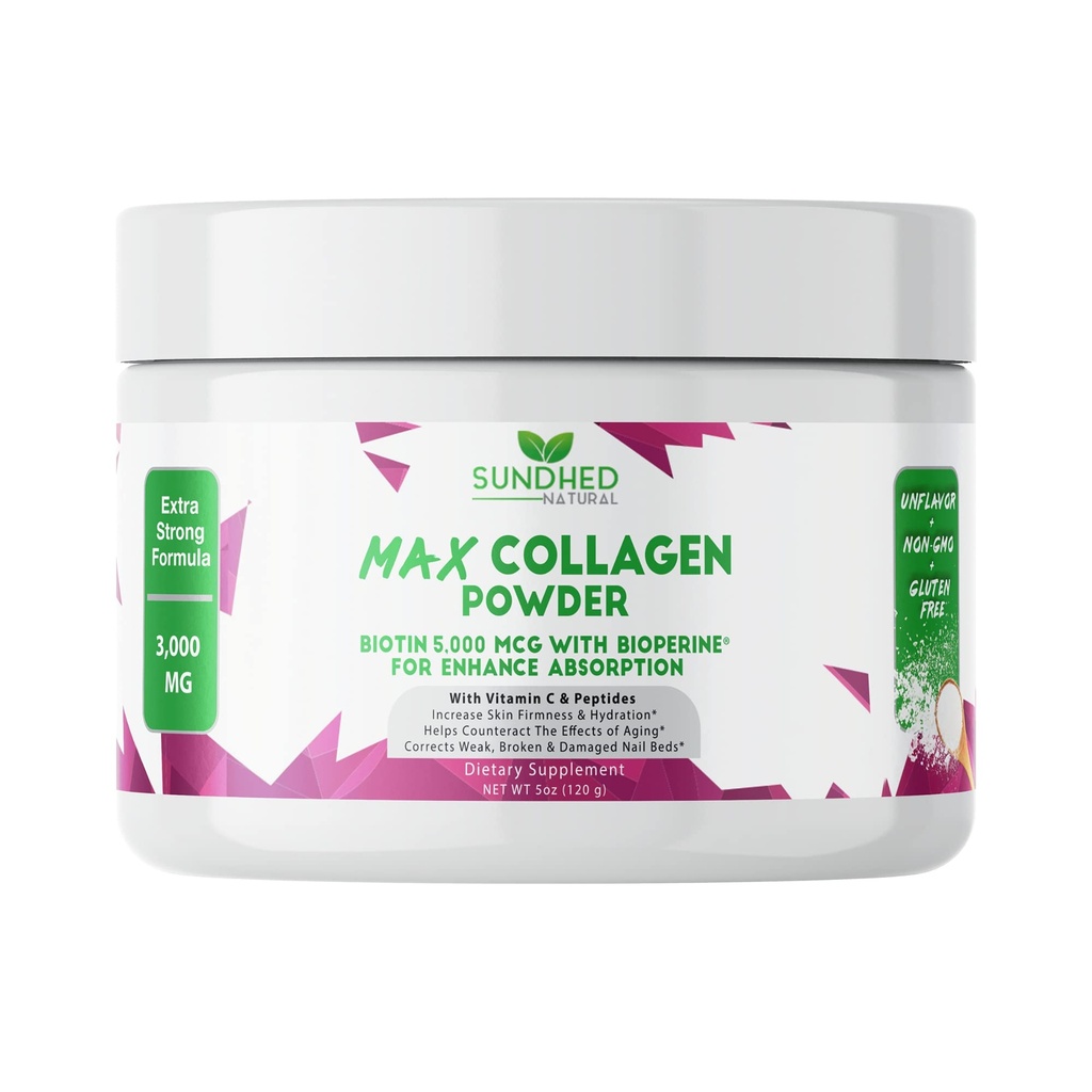 Max Colagen Plus C (30 zile de aprovizionare) - Toate praful de colagen natural cu Biotin & Bioperine pentru a stimula hidratare anti imbatranire si fermitatea pielii - 500 mg vitamina C - Consolidarea oaselor si unghiilor