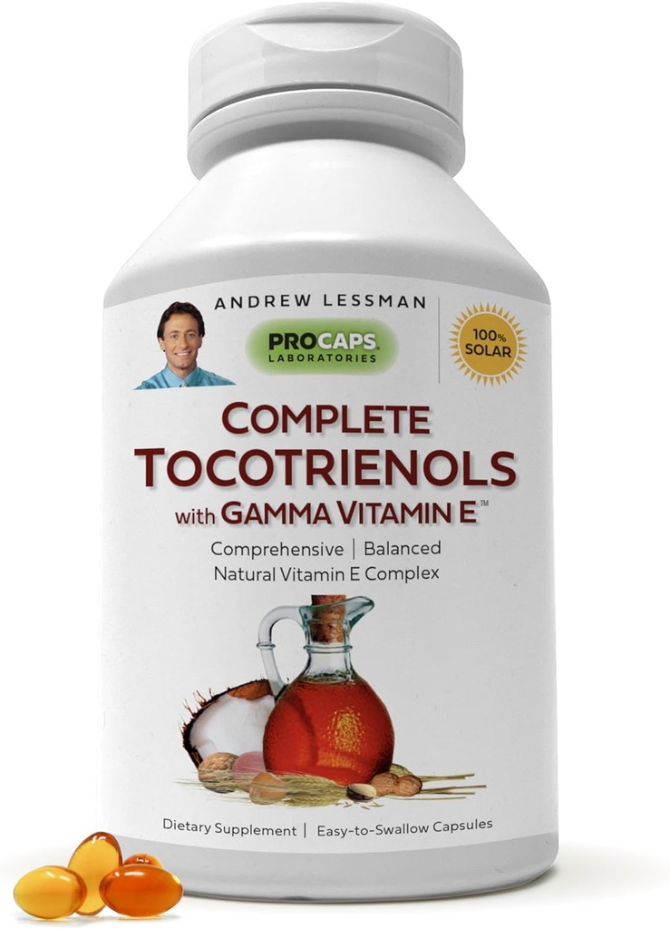 ANDREW LESSMAN Tocotrienol complet cu vitamina Gamma E 60 Softgels - opt forme de vitamina E (Alpha, Beta, Gamma, tocoferoli Delta și Tocotrienols). Antioxidant puternic. Fără aditivi