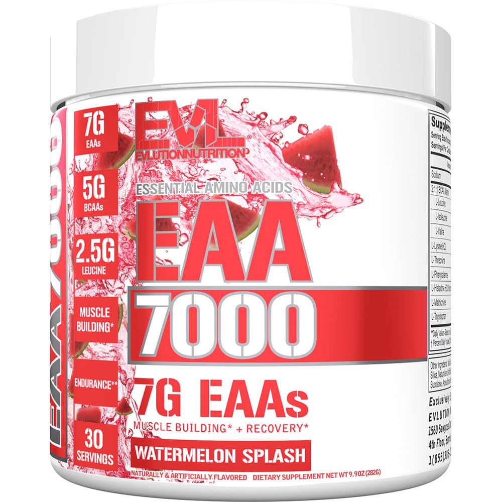 Evlution Nutrition EAA7000 - Pre & Post Workout Powder - Clădire musculară + Supliment de recuperare - 7g Aminoacidi esențiali + 5g BCAAs - Rezistență + Suport energetic - 30 Serviri - Pepene verde Splash