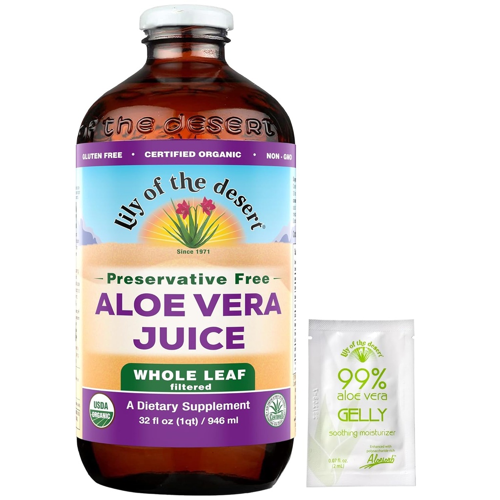 Lily of The Desert Aloe Vera Juice, Conservative Free - Whole Leaf Aloe Vera Drink with Natural Vitamins, Digestive Enzymes for Gut Health, Stomac Relief, Wellness, Glowing Skin, Gelly Sachet inclus