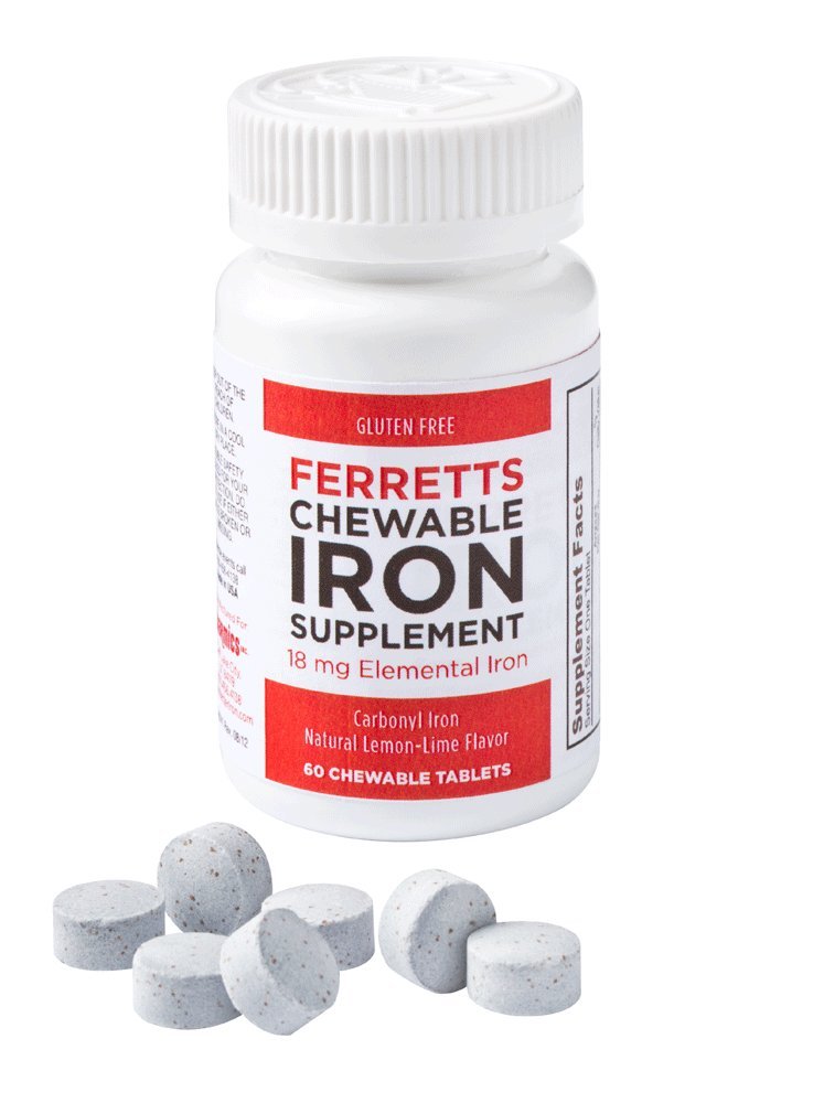 Ferrets Chewable Iron Supplement 18mg (Carbonyl Iron) - 60-Day Supply of Lemon-Lime Flavored Iron Chewables for Iron Deficience - Gentle & non-Constipting Iron Supplement Chewables (60ct.)