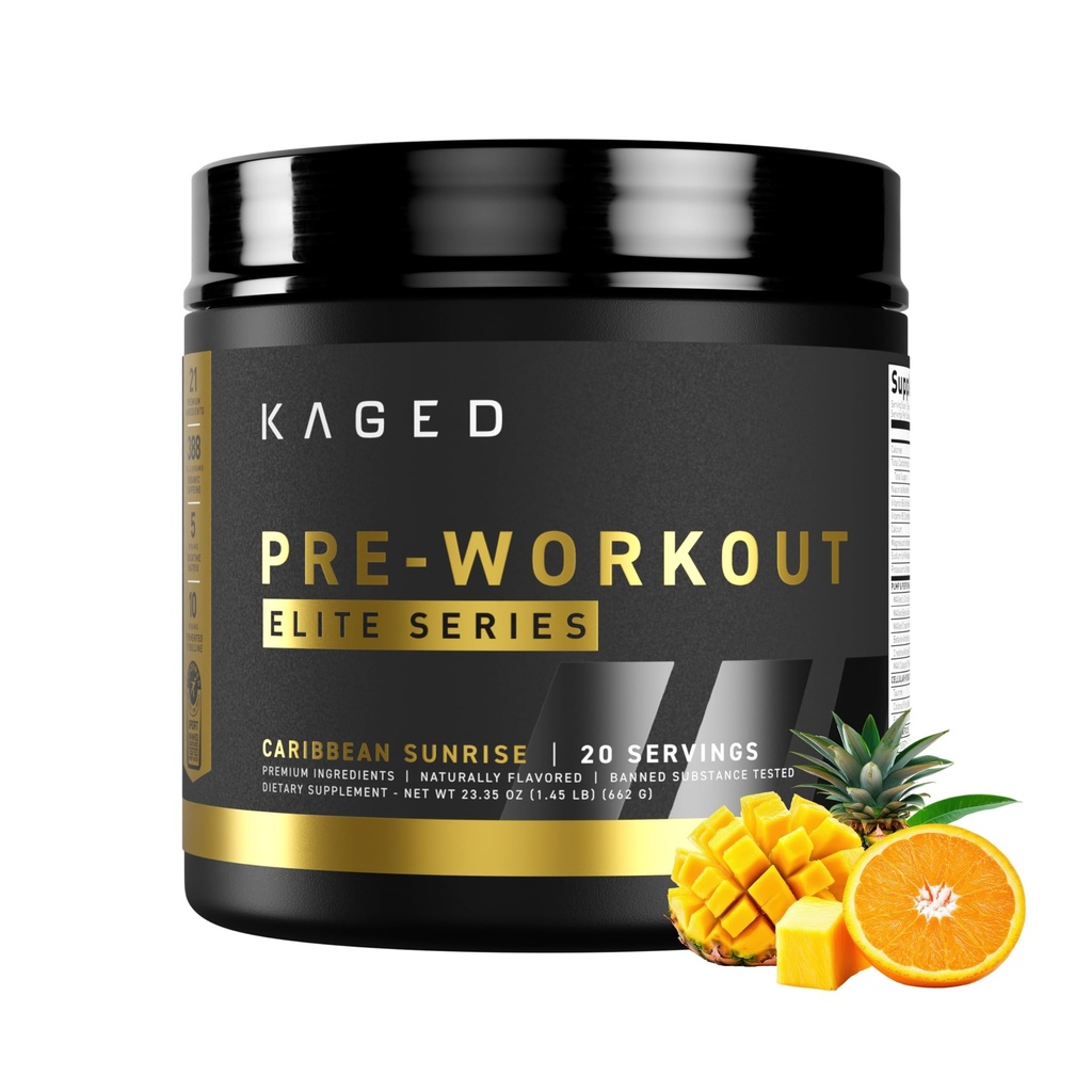 Kaged Pre Workout Powder Pre- Workout Elite pentru bărbați și femei Stimulant ridicat pentru energie, Focus, Pompe L-Citrulline, Beta Alanine, Creatină & 388mg de Cafeina organică Caribbean Sunrise Serviri