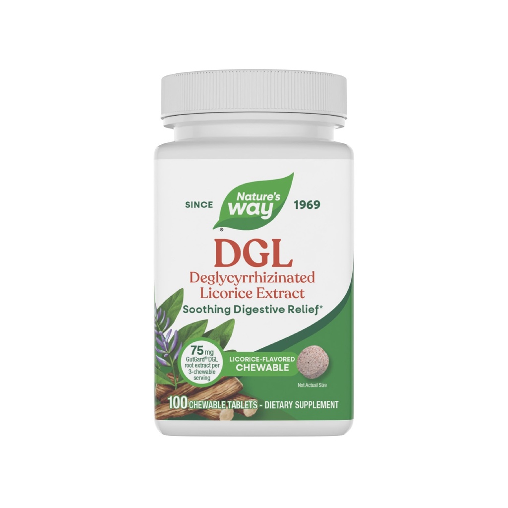 Natura's Way DGL Chewable Tablets, Soothing Digestive Relief*, For Ocazional Stomac Upset*, Deglicyrhizinated Licorice Extract, Gluten Free, Licorice Flavored, 100 Tablete (Packaging May Vary)
