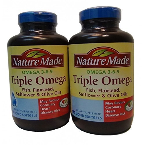 Natura făcut Triple Omega 3 6 9 - pește, semințe de in, șofrănaș și ulei de măsline - 2 sticle, 180 Softgels Fiecare