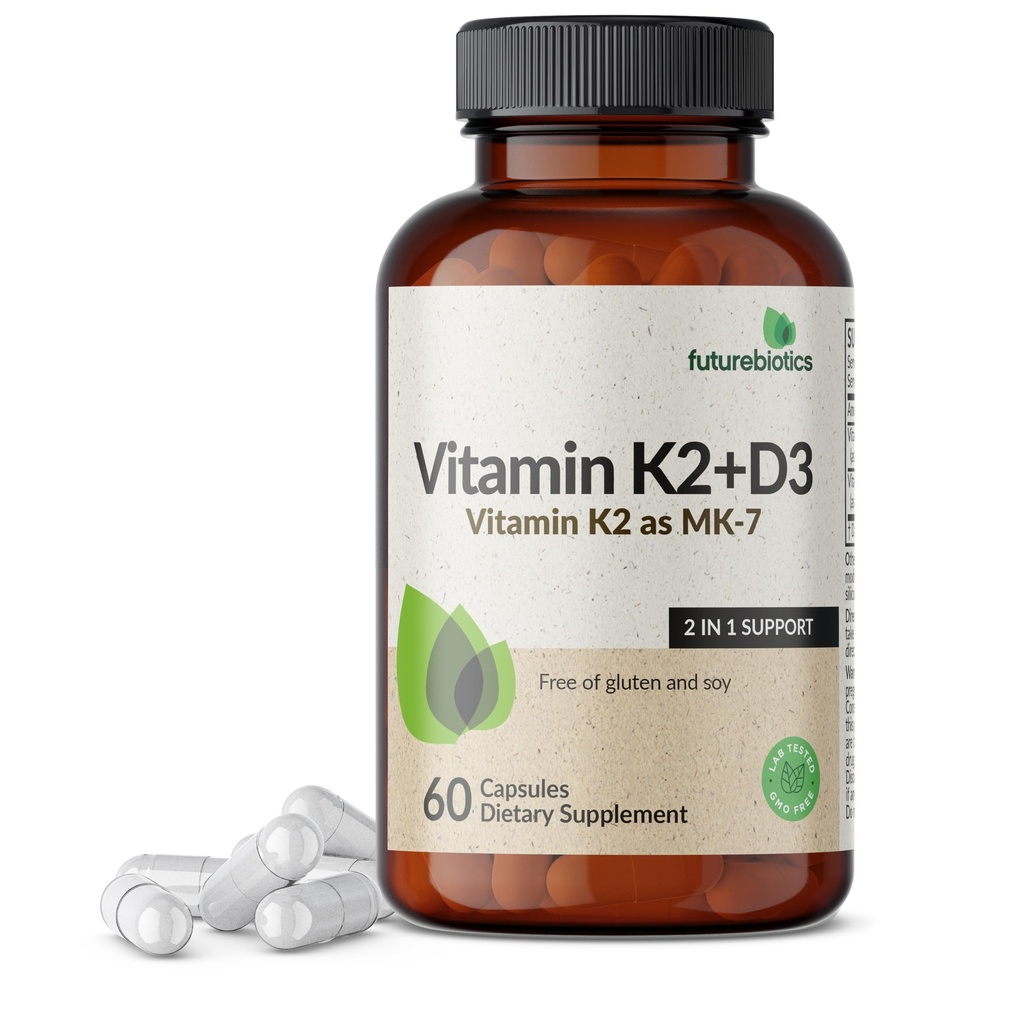 Futurebiotice Vitamina K2 (MK7) cu supliment D3 - Formula non-GMO - 5000 UI vitamina D3 & 90 mcg Vitamina K2 MK-7, 60 Capsule vegetariene