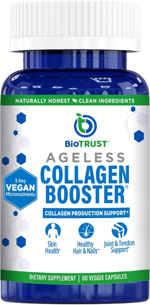 BioTrust Ageless Colagen Booster, Suport puternic Frumoasa din interior, Vegan Colagen Constructor pentru Skin Strălucitor, Păr Frumos, Unghii Frumoase, Articulații sănătoase, 60 Capsule (30 Serviri)