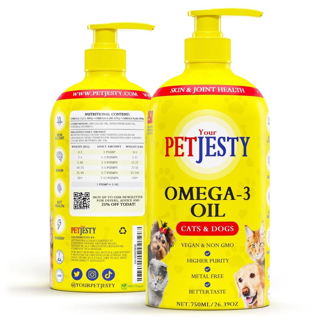 PetJesty Pure Omega 3 Ulei pentru câini și pisici 26.39oz - Omega 3 Skin & Coat- Supplement alimentar lichid pentru animale de companie - Vegan animale de companie + DHA pentru funcția comună, Imune & Heart Health, Non Fish Oil Dog și Cat