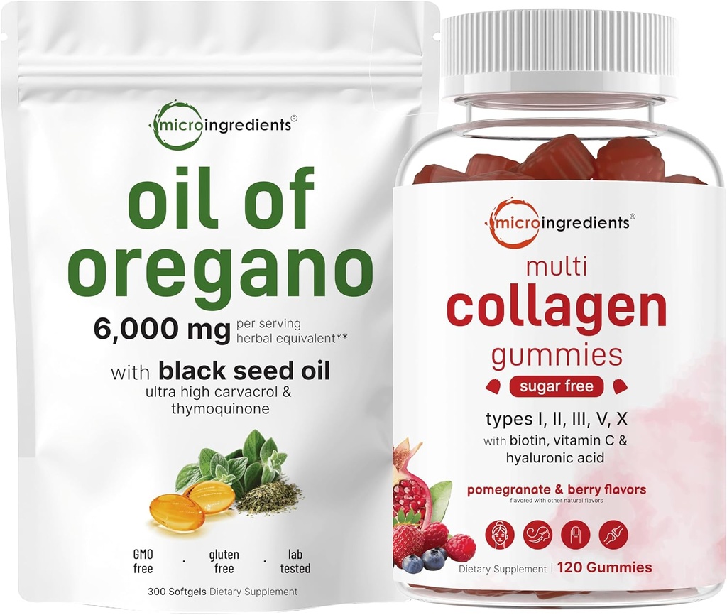 Micro Ingrediente Ulei de Oregano Softgels 6,000 mg Per Serving & Multi Colagen Peptides Gummies Bundle Pack 