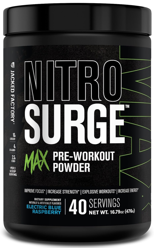 Fabrica Jacked Nitrosurge Max High Performance Pre Antrenament pulbere - Pre Antrenament w / Ingrediente Nootropice pentru Focus intens, Pompe, Energie Smooth, Rezistență - 40 Serviri, Electric Blue Raspberry