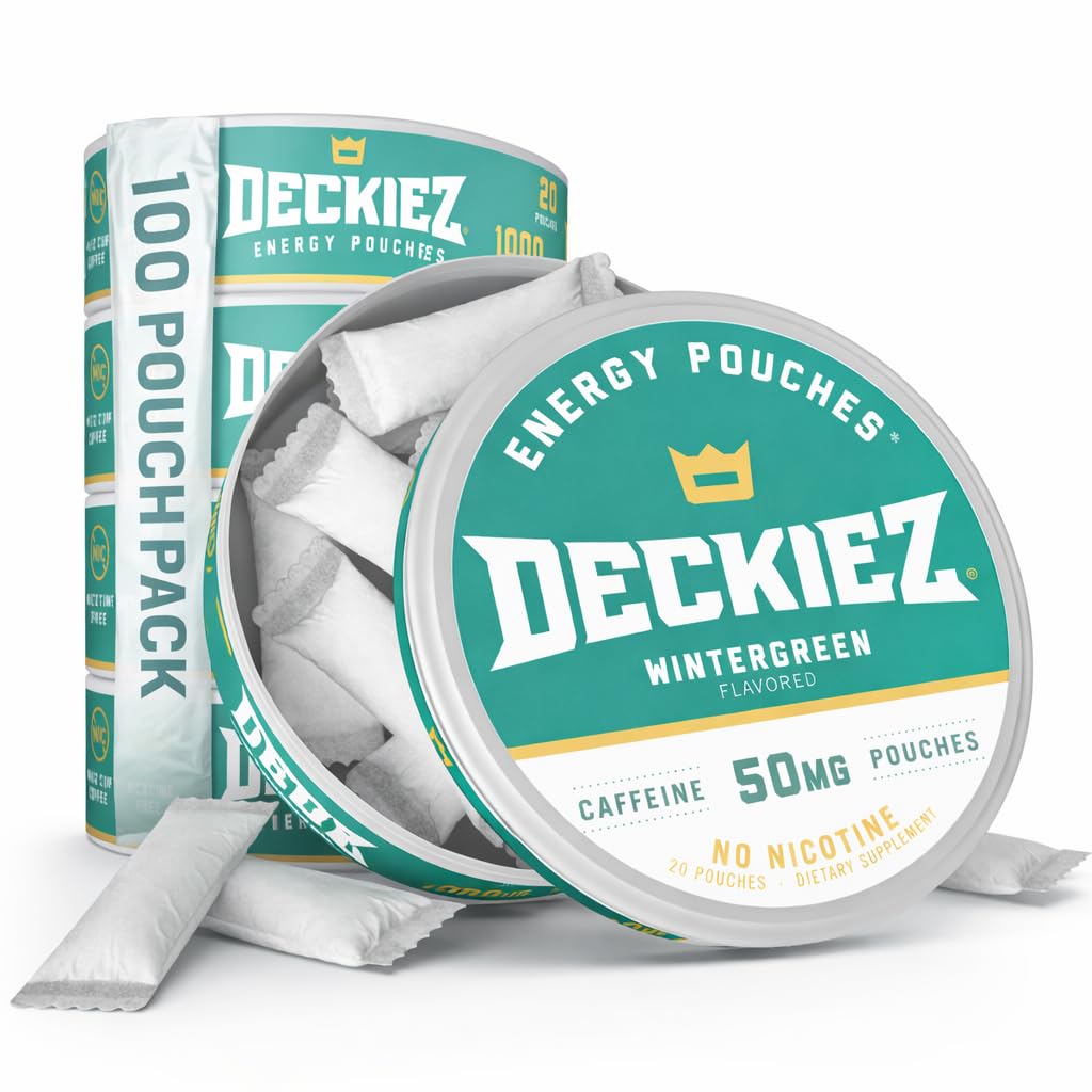 Deckyez Energy Pouchs, 5 cutii (100 pungi), Sugar Free Cafeine Supliment, Cafele & Energy Drink Alternative, 50mg Cafeine Poches, Wintergreen Flavor