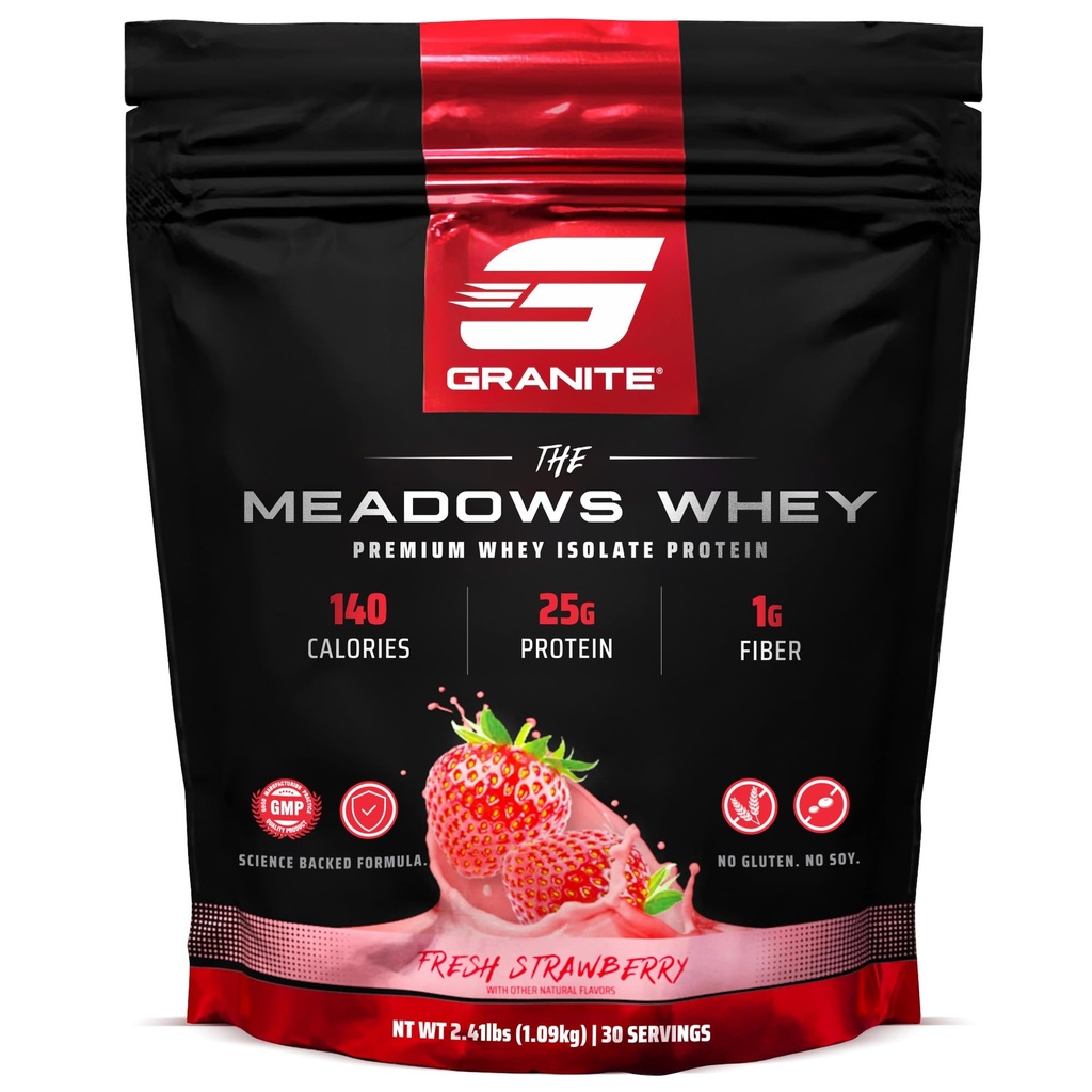 Granite Suplimente Meadows Proteina izola praf de proteine pentru mușchiul lean cu 150 Calorii, 2g Fibră, 1g Zahăr (30 Servings), aromă proaspătă de căpșuni