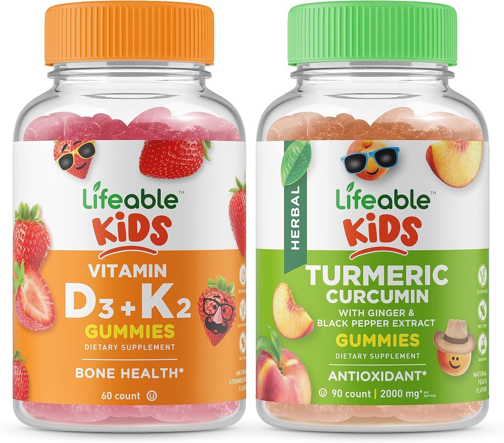 Vitamina vie D3 + Vitamina K2 Copii + Curcumin Turmeric Copii, Gume Bundle - mare Tasting, Supliment de vitamine, Gluten gratuit, OMG gratuit, Guma de mestecat